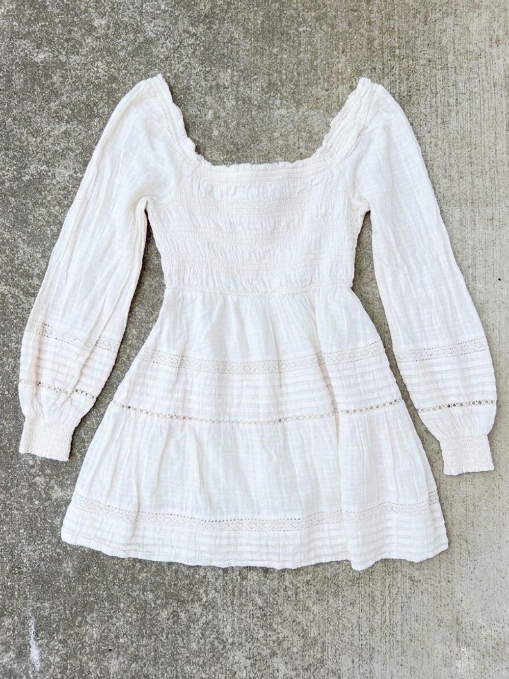 American Eagle Smocked Lace Trim Mini Dress Cream Long Sleeve Small